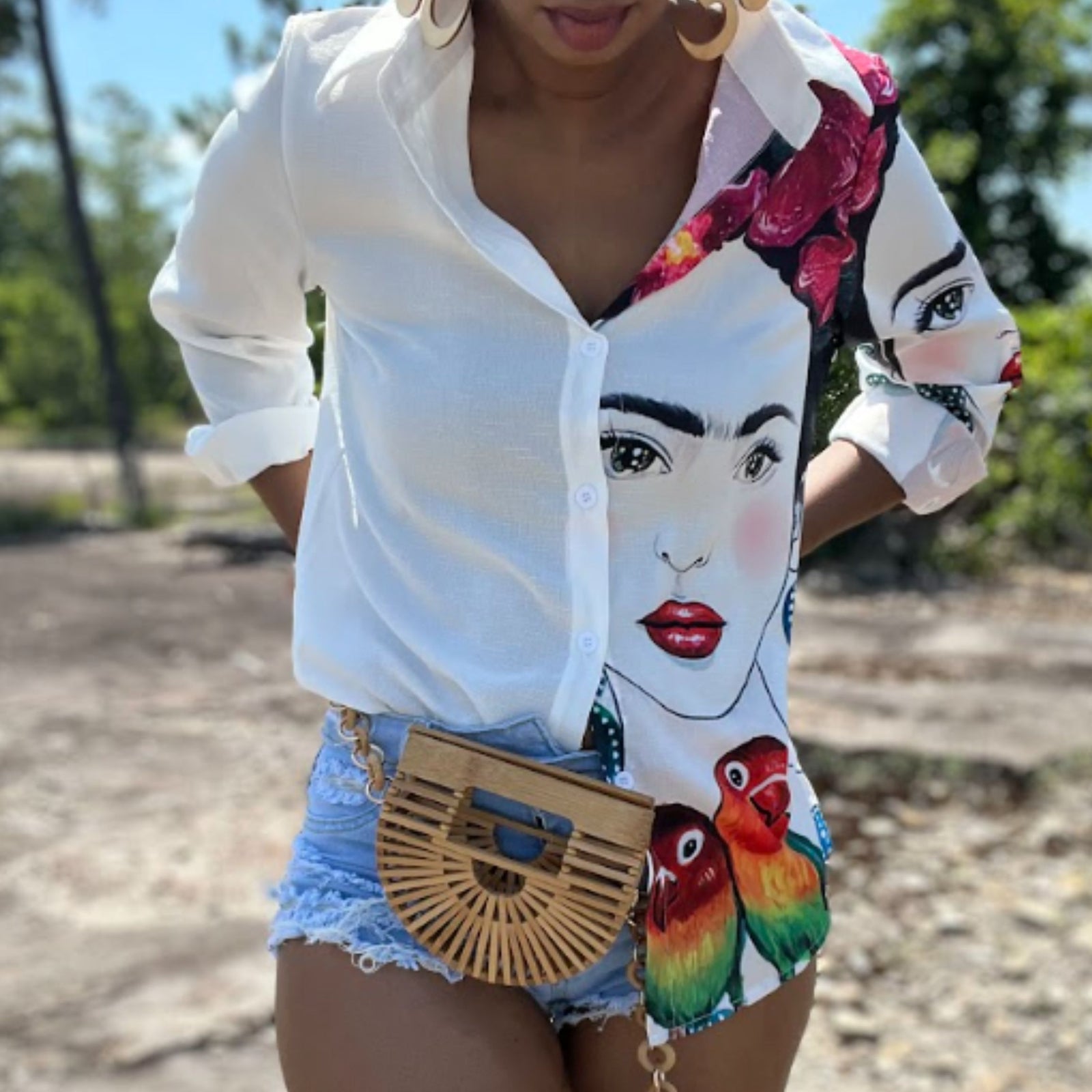 Frida Kahlo Paradise Long Sleeve Button Up Blouse