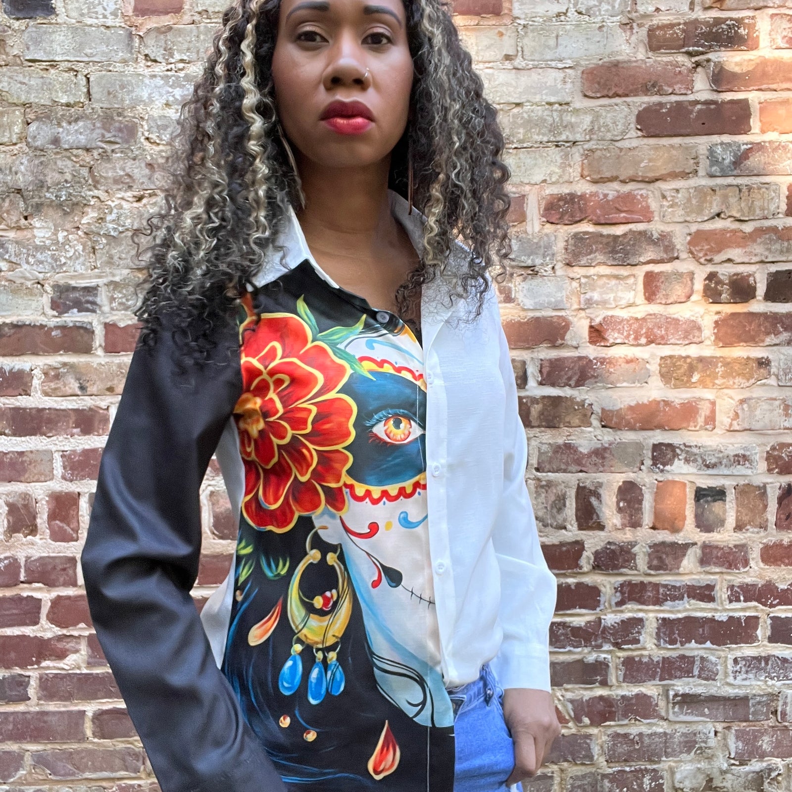 Dia de los Muertos Button Up Blouse