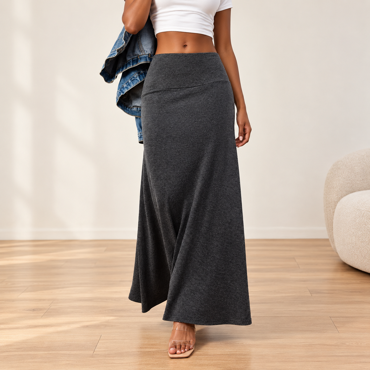 Arie Solid Elastic Waist Maxi Skirt