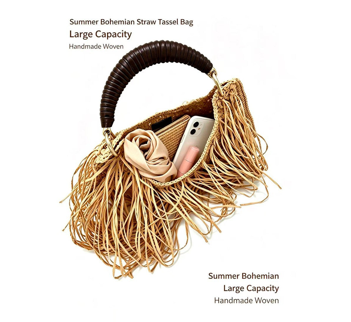 A handmade woven straw tassel bag with a dark brown curved handle, shown on a white background with text overlays describing its features. The bag is filled with a beige scarf and a pink phone case.
