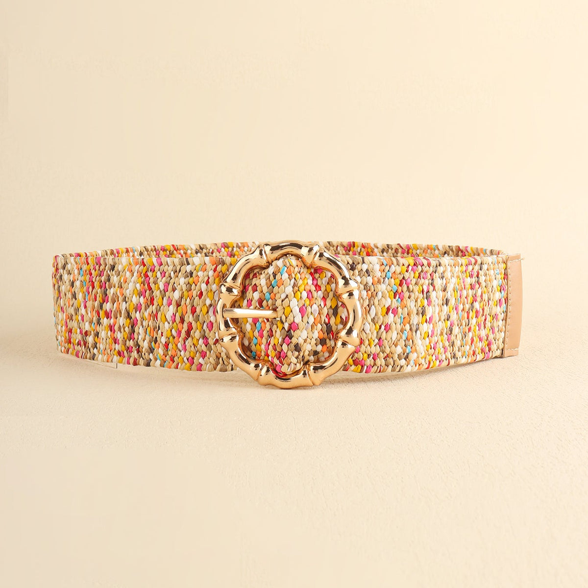 Multicolored woven wide belt with round buckle 