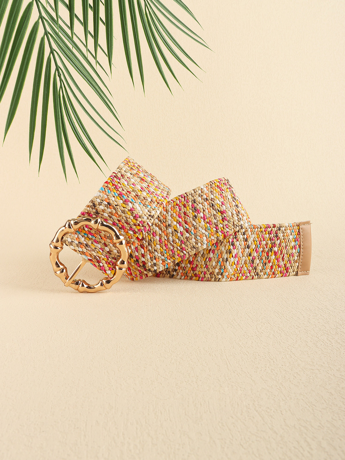 Multicolored woven wide belt with round buckle