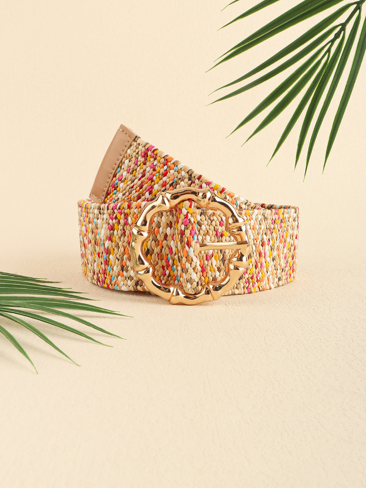 Multicolored woven wide belt with round buckle